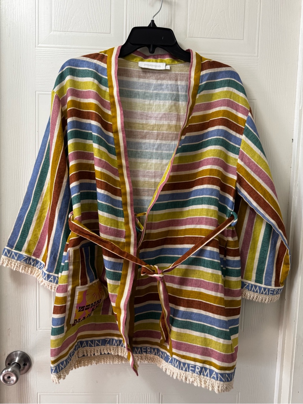 Zimmermann Striped Linen Blend Top in Yellow, Pink, Blue, Green